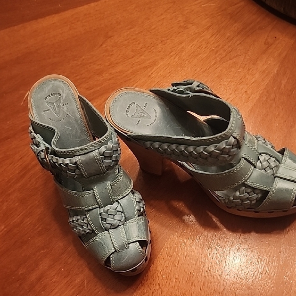 Frye Green and Blue Mules with Textured Leather